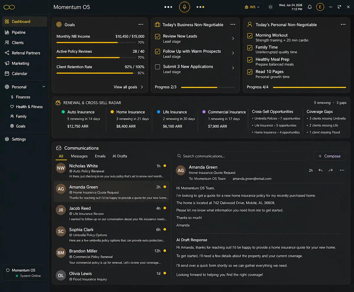 Momentum OS — the real insurance operator dashboard